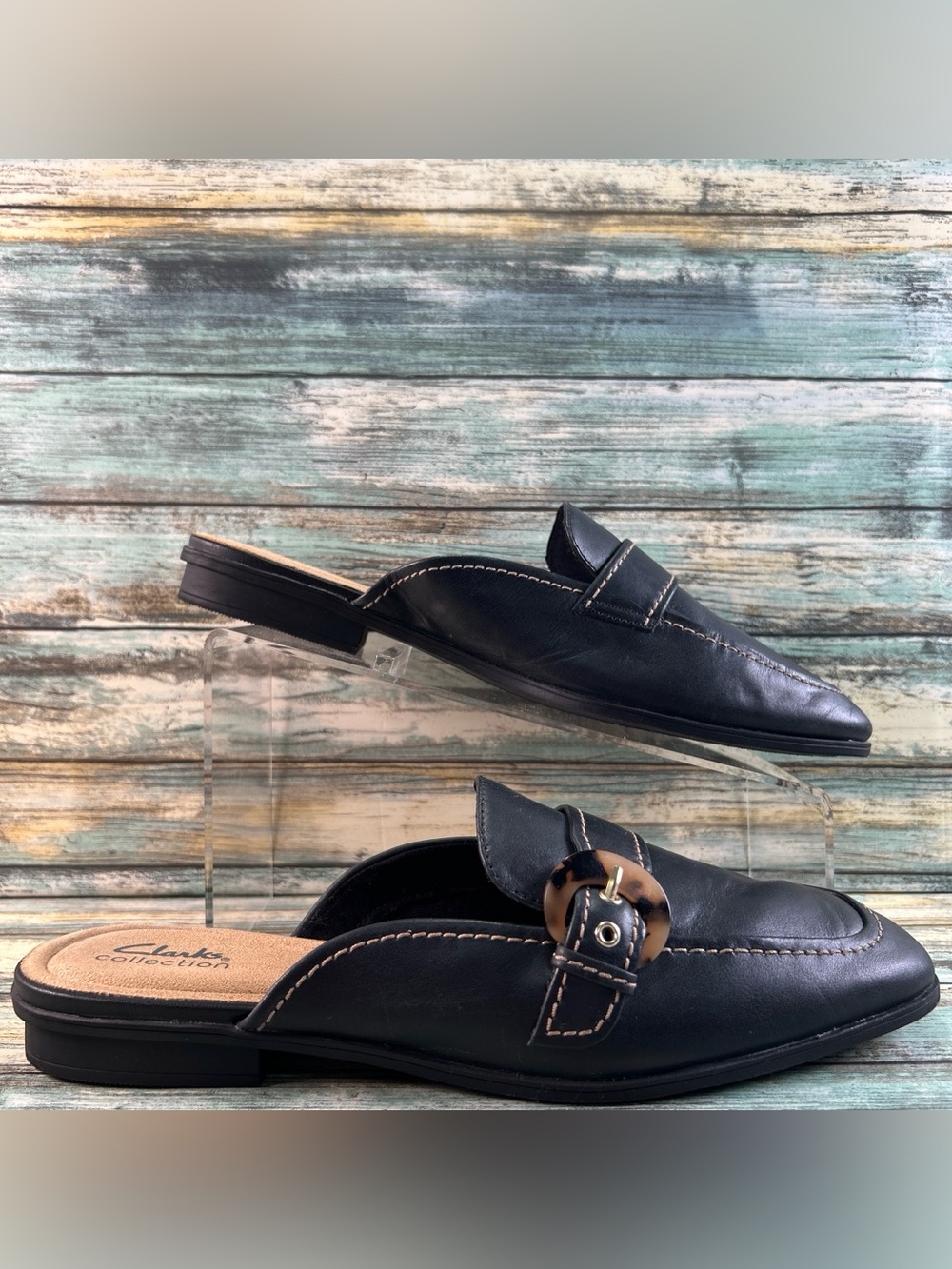 Clarks Lyrical Shine Mules Womens 11M Black Leather Flat Slip On Comfort Shoe
